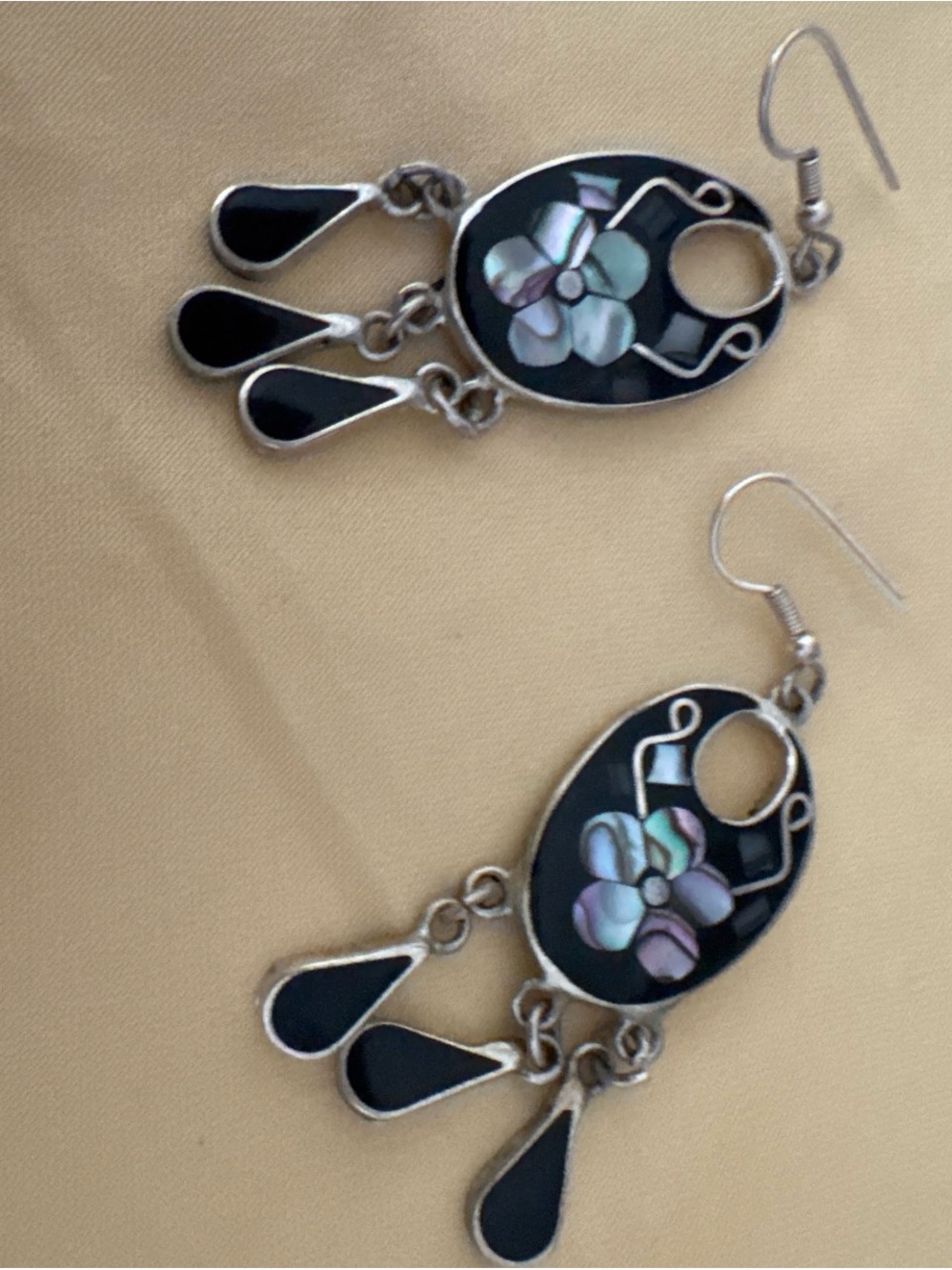 Black Abalone Inlay Dangle Earrings with Teardrop Charms - Picture 3 of 3